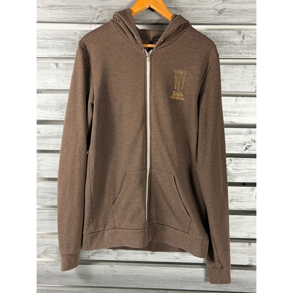 Monster Energy Java Hoodie Mens L/M Brown Full Zip Up Graphic Sweatshirt Logo